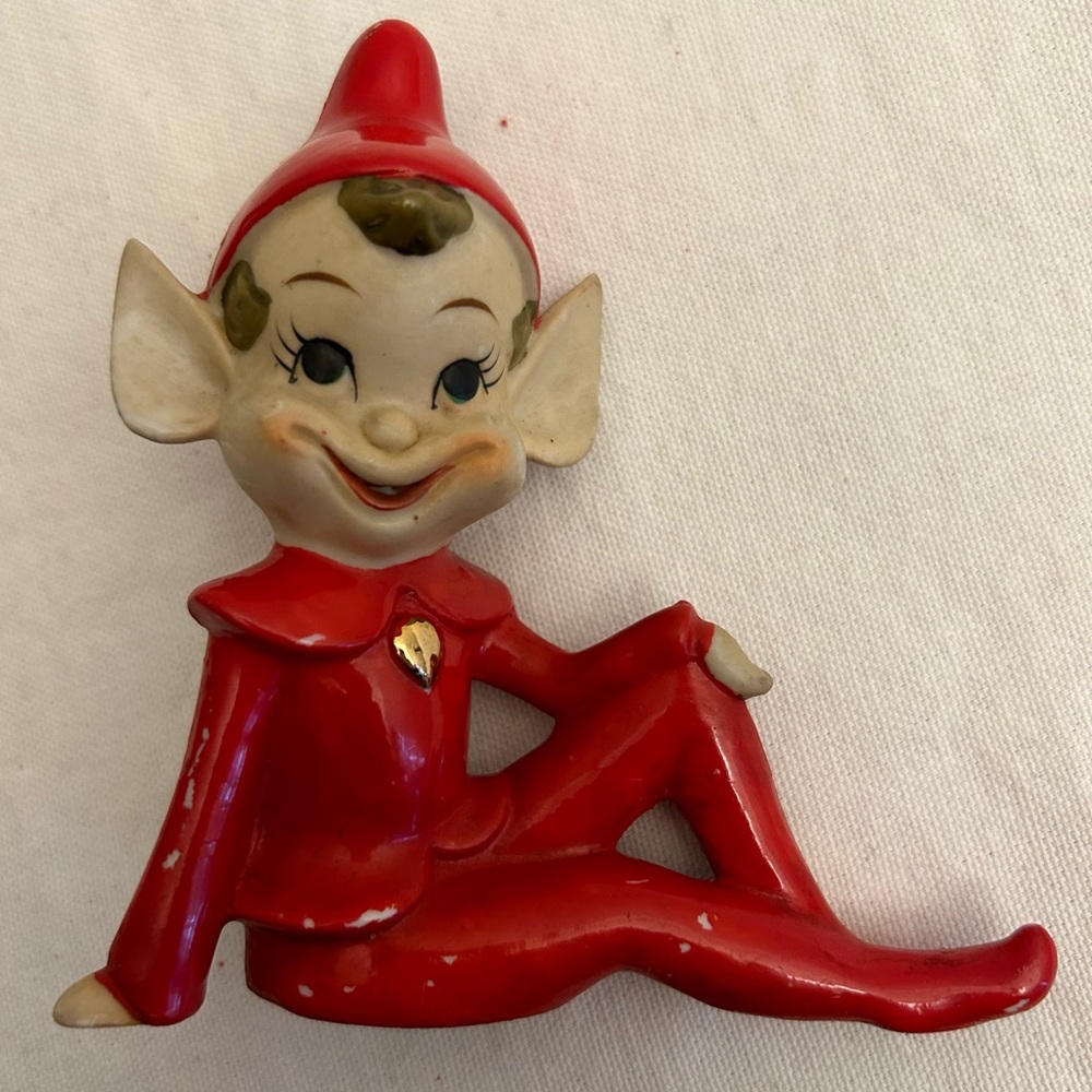 Vintage Christmas Elf in Red Ceramic. 1950s Pixie Elf in red suit, pointy ears.